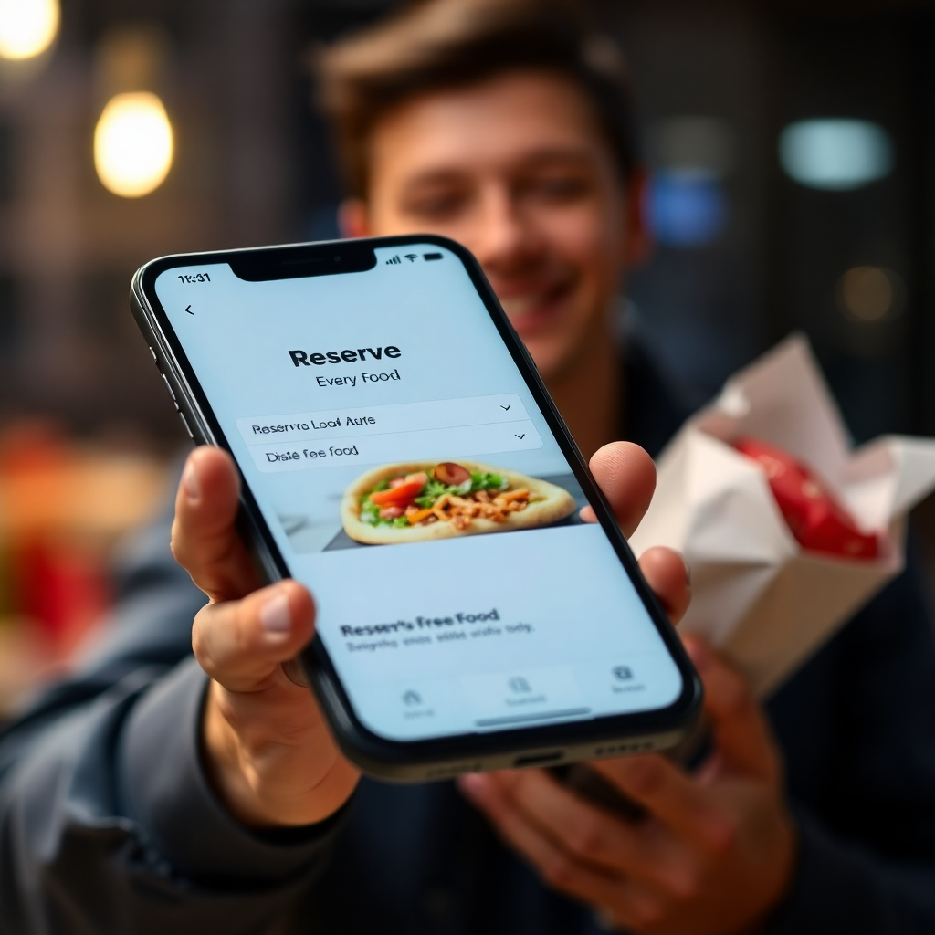 A close-up of a smartphone screen displaying an easy-to-use app interface for reserving free food, with options highlighted. The background shows a blurred image of a person holding a food package, smiling in satisfaction.