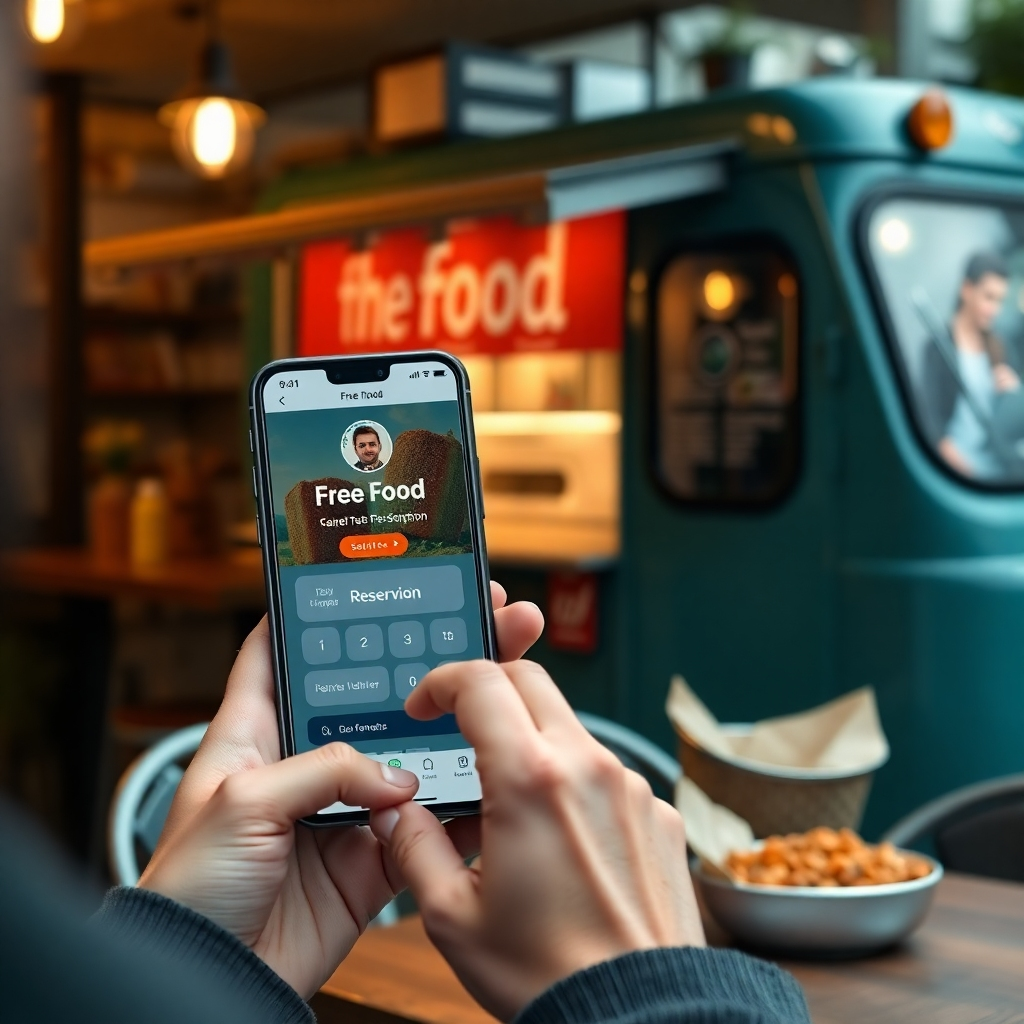 A person using a smartphone to reserve free food through an app, with a visible interface showcasing an easy reservation process. The background can feature a cozy café or food truck, with indications of free food options available nearby.