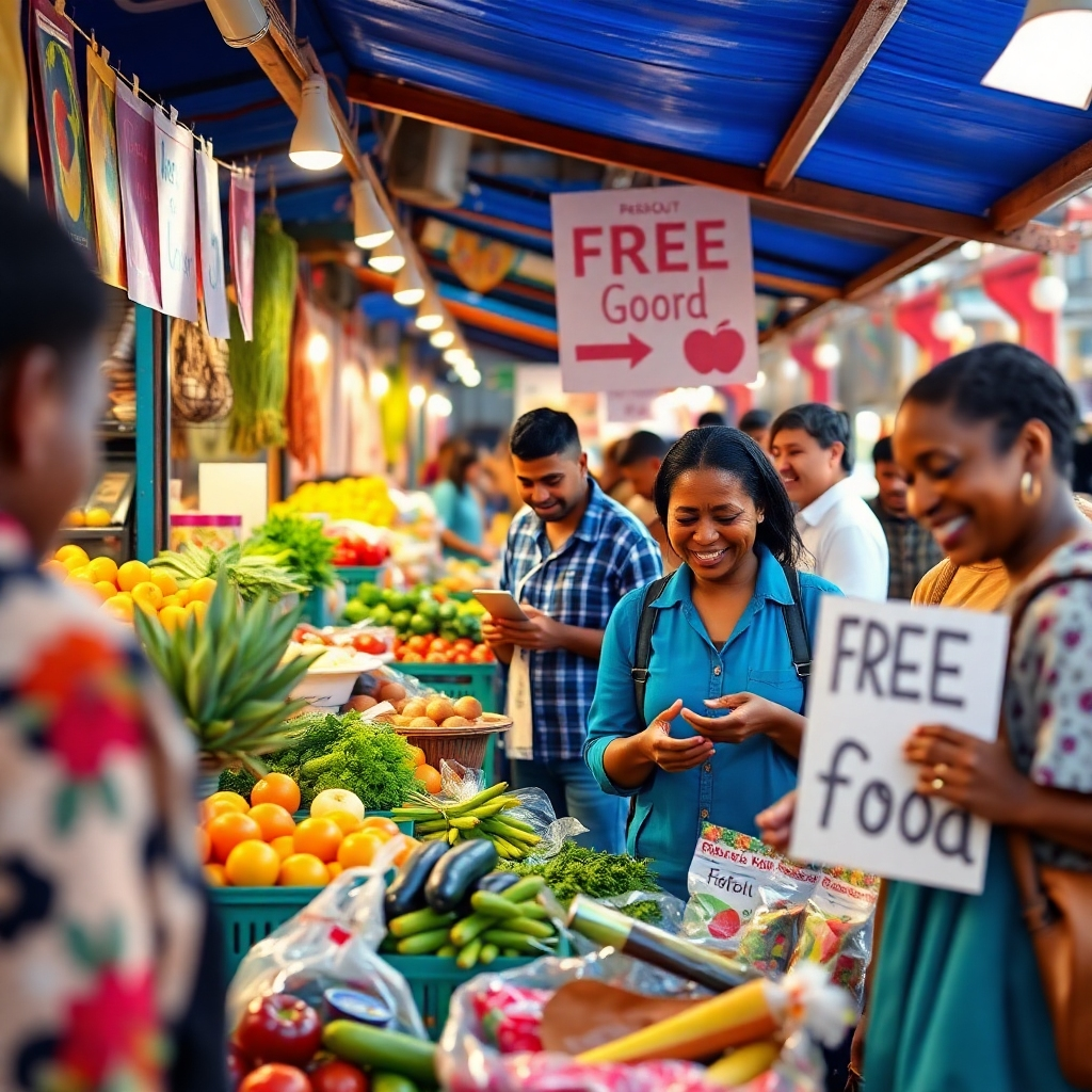 A vibrant, bustling local community market scene where people are discovering free food sources. Include colorful food stalls, smiling individuals examining fresh produce, and signs indicating free food offers, conveying a sense of community and resourcefulness.