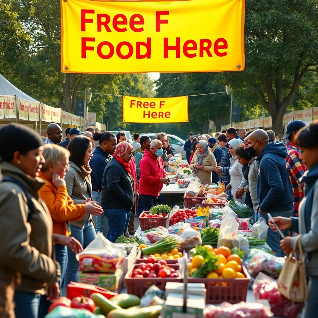 A vibrant, outdoor community event scene where people of diverse backgrounds gather around tables filled with free food items, including fruits, vegetables, and packaged goods. Bright banners indicate 'Free Food Here', with volunteers interacting with grateful attendees.