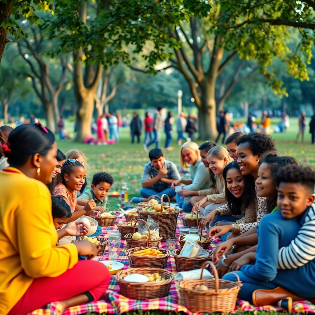 A vibrant community event in a park with people from different backgrounds sharing food. A picnic setup with colorful blankets, food baskets, and smiles all around. Children playing, adults chatting, creating an atmosphere of community engagement and connection.