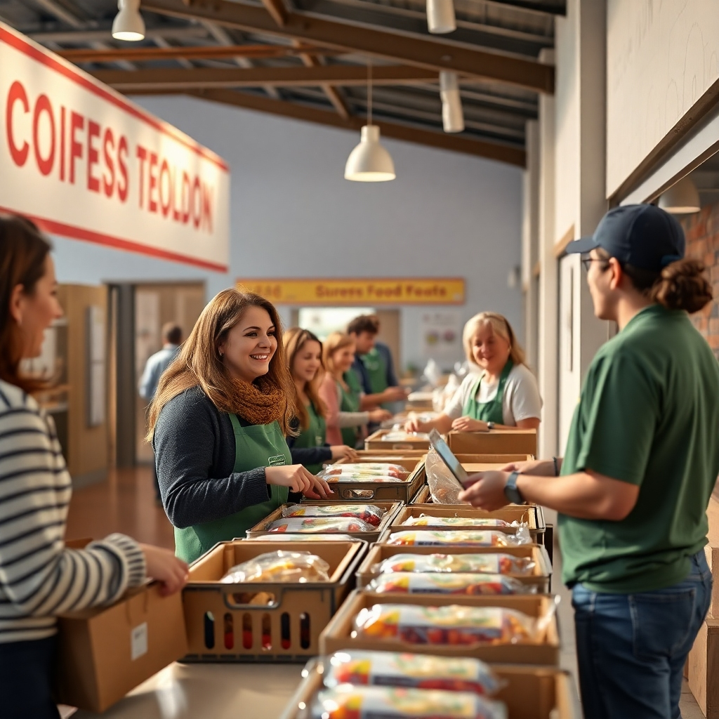A warm, welcoming food collection site with individuals receiving packaged meals from cheerful volunteers. The setting is well-organized, with clear signage and people happily interacting as they take home their reserved food.