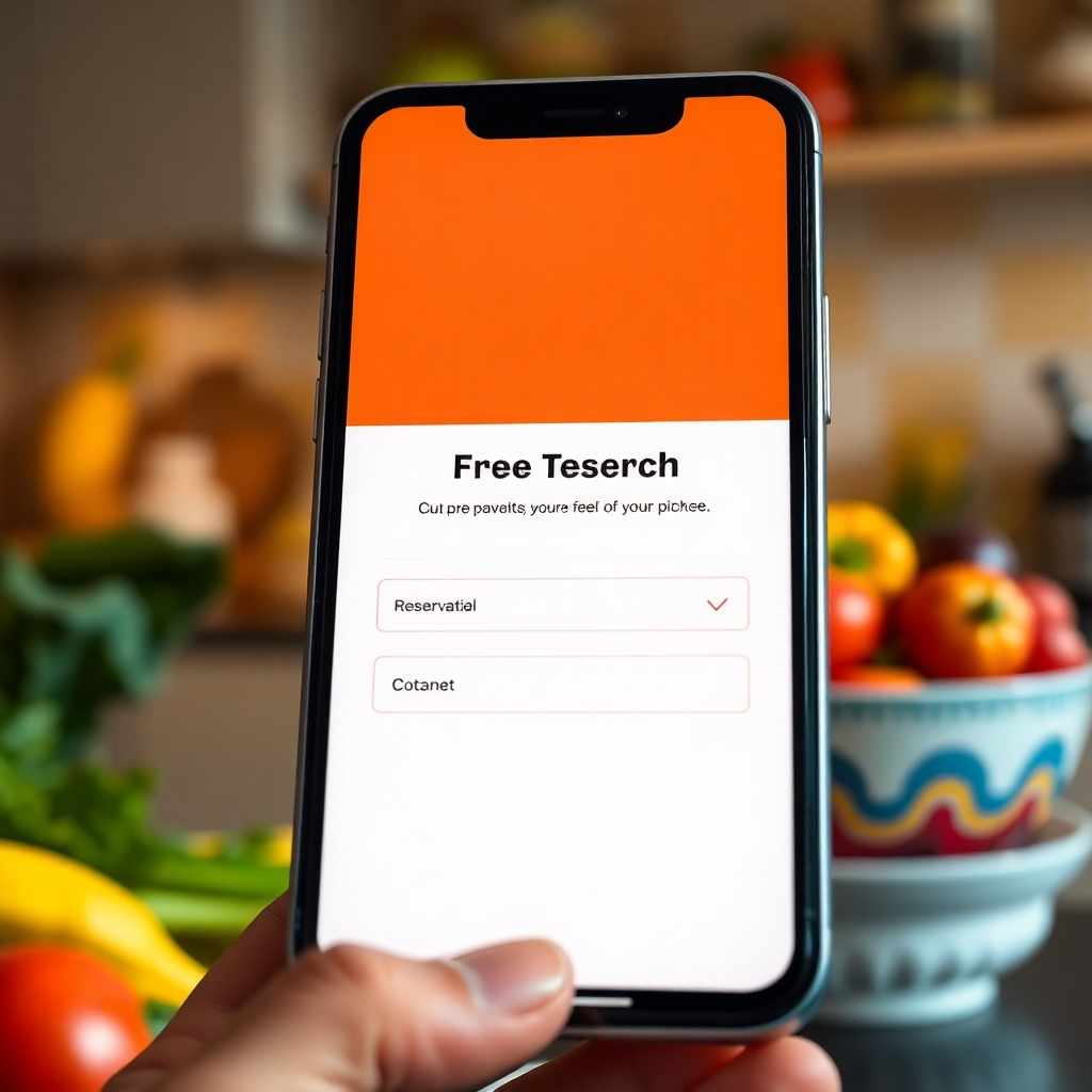 Close-up of a user interface on a smartphone application showing a simple reservation form for free food pickup. The background features a warm, inviting kitchen scene with fresh vegetables and a bowl of fruit, symbolizing healthy choices.