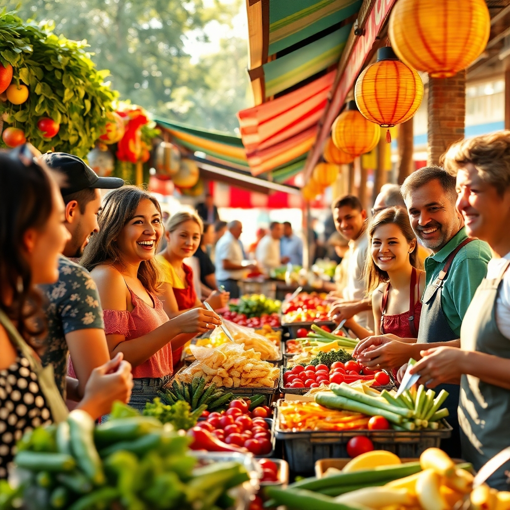 Create a photorealistic image that showcases a diverse group of people happily interacting at a vibrant outdoor food market. The composition should include a variety of colorful food stalls, featuring fresh fruits, vegetables, and prepared meals in clear display. The lighting should be warm and inviting, mimicking the soft sunlight of a late afternoon, casting gentle shadows that enhance the textures of the food. Use a bright and cheerful color palette, focusing on greens, reds, and yellows to evoke a sense of freshness and abundance. Capture the scene from a slightly elevated angle, offering a perspective that encompasses both the food stalls and the joyous faces of the people. Textures of the lush fruits, crispy vegetables, and delightful dishes should be sharp and detailed. Include environmental elements like greenery, happy families, and a welcoming community vibe in the background. Style references can include lifestyle images that convey warmth and togetherness. Aim for hyperrealistic quality at 8K resolution to bring every detail to life., ultra high resolution, photorealistic, 8K, hyperdetailed, cinematic lighting